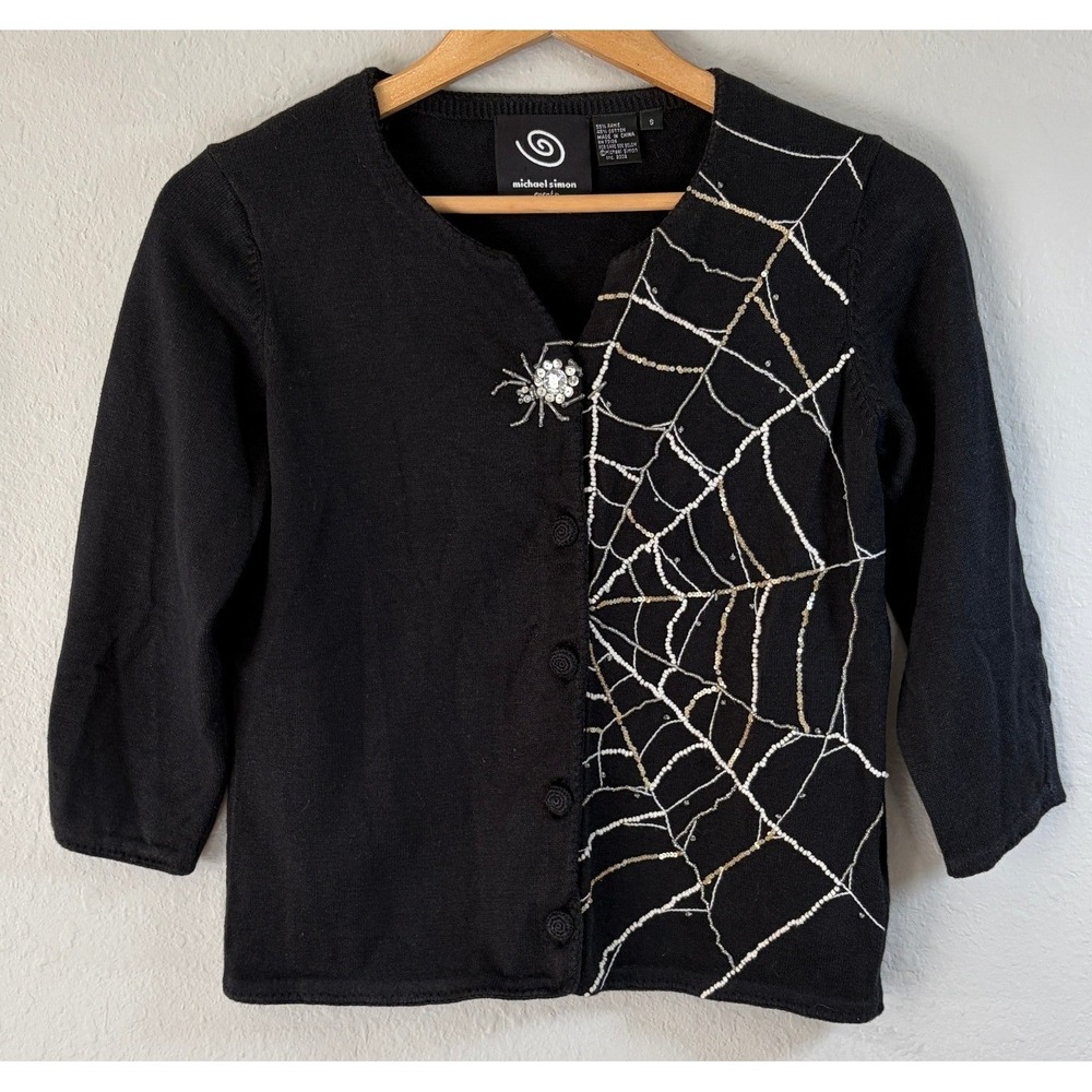 Michael Simon Womens Spider Web Beaded Cardigan S Vintage Halloween Sweater